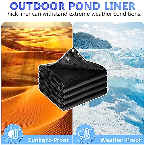 Reinforced PE Pond Liner 25 x 25 FT, 28 Mil Sun Resistant Preformed Pond Liner, Hemmed Edge with Buttonholes Liner for Outdoor Large Ponds, Fish/KOI/Duck Pond, Garden Waterfall, Waterscape, Black