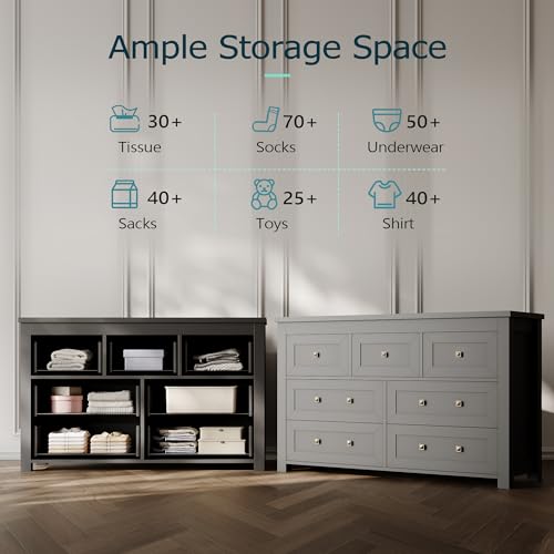 7 Drawer Dresser for Bedroom, Farmhouse Wood Chest of Drawers, Wide TV Stand Closet Storage Furniture with Metal Handle, Modern Wooden Clothes Organizer for Hallway, Living Room, Entryway, Black