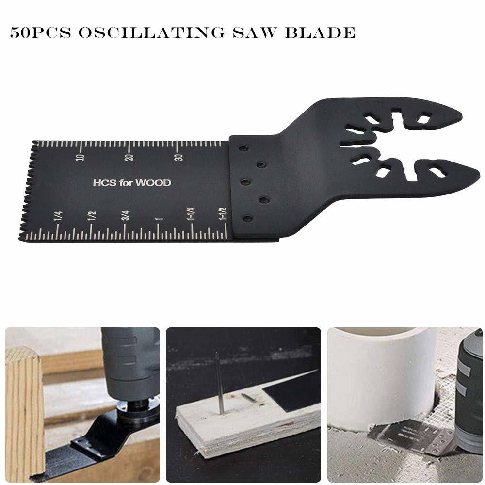 M MOKENEYE 50pcs Wood Oscillating Multitool Saw Blades Universal Quick Release Saw Blades for Fein Porter Cable Black u0026 Deck