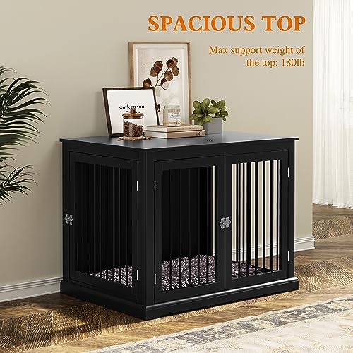 Large Dog Crate Furniture, Wooden Dog Kennel with Cushion, Dog Crate End Table Large, Indoor Dog Kennel, Modern Decorative Dog Crates with Flip Top, Chew-Proof Metal Bars, Black