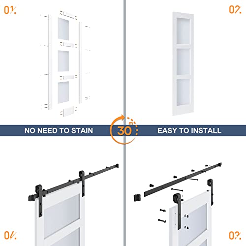 36x84 Inch Glass Sliding Barn Door Slab and 6.6ft Hardware Kit Included, 5 Frosted Glass, LVL Wood Panel Covered with White Water-Proof Scratch-Proof PVC Surface, Simple DIY Assembly