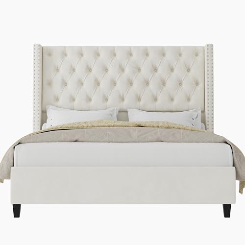 Jocisland King Upholstered Bed Frame with Tall Headboard Wingback Platform Bed Tufted Deep Button Velvet/No Box Spring Needed/Easy Assembly/Light Grey