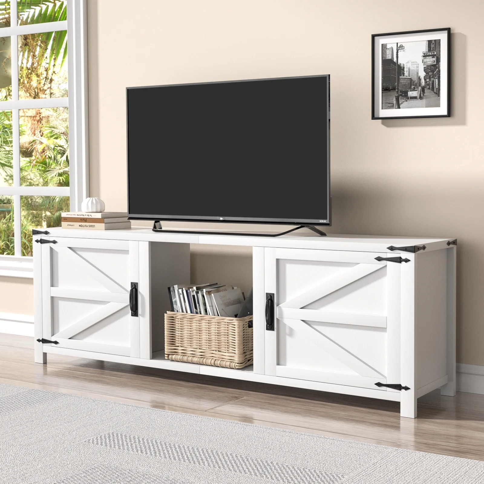 Oneinmil 70" Modern Farmhouse TV Stand for 80" TVs , with Barn Doors Storage Cabinets, TV Entertainment Center for Living Room, White