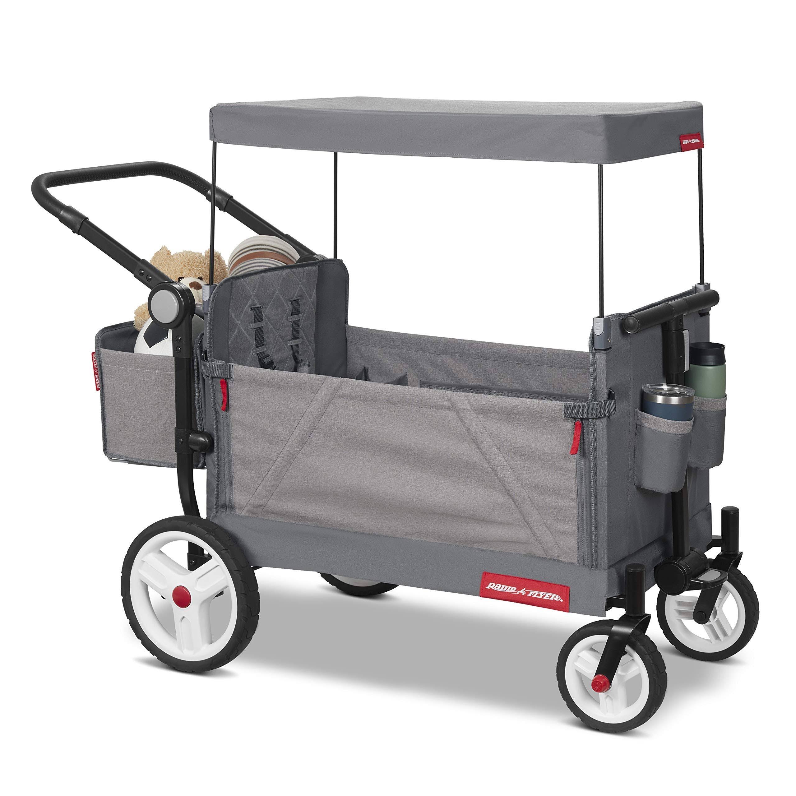 Radio Flyer Odyssey Stroller Wagon, Baby Stroller Wagon with Canopy and Bag, Grey