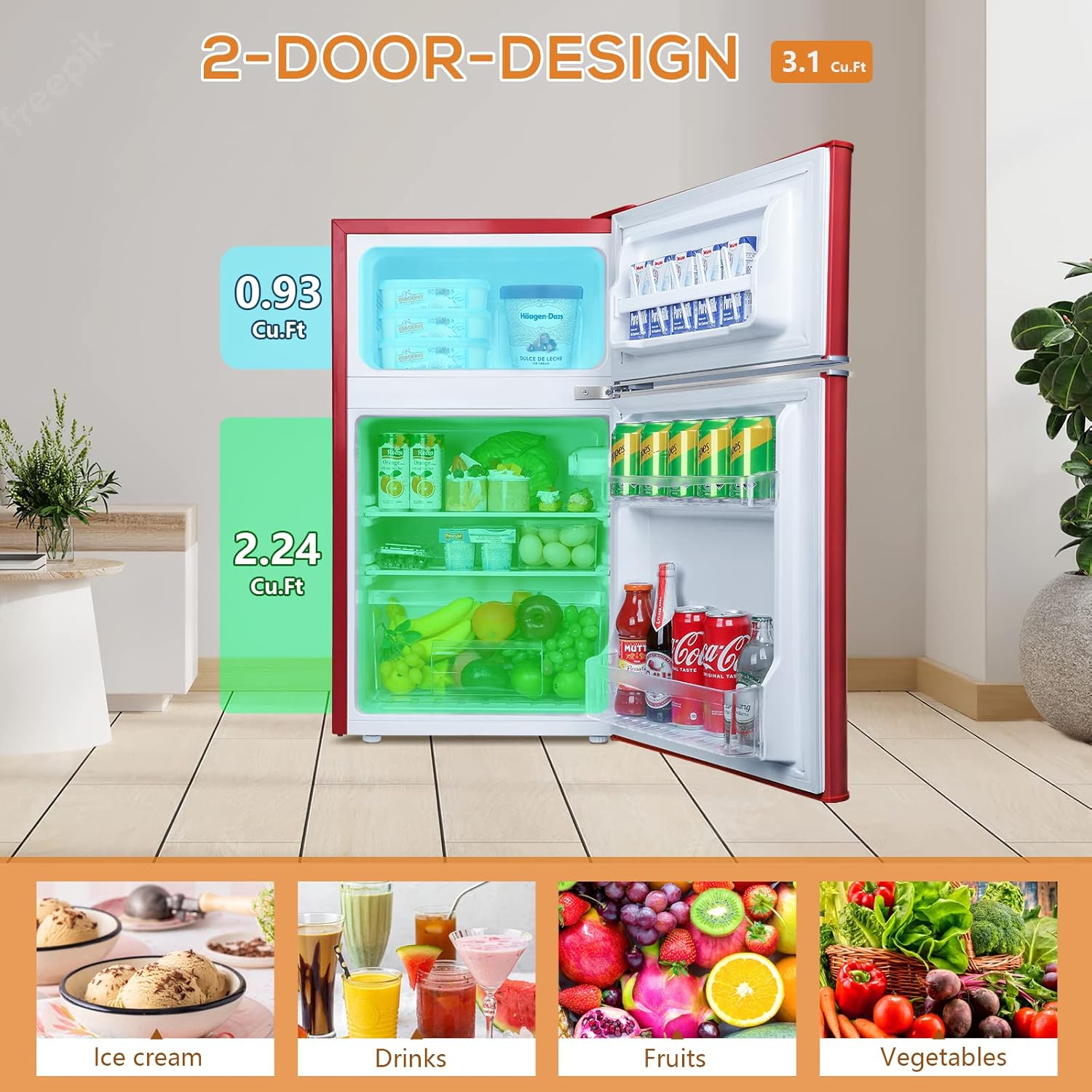 Antarctic Star Compact Mini Refrigerator Separate Freezer, 3.1 cu ft Small Fridge Double 2-Door Adjustable Removable Retro Stainless Steel Shelves Garage Camper Basement/Dorm/Office…