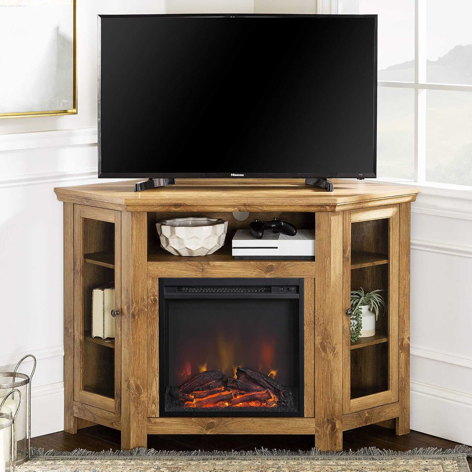 Walker Edison Alcott Classic Glass Door Fireplace Corner TV Stand for TVs up to 55 Inches, 48 Inch, Espresso