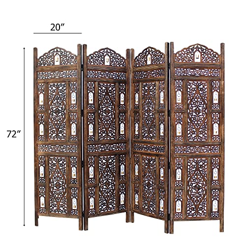 Room Divider Wood Screen - Ghanti Bells Antique Brown - 4 Panel Folding 72 x 80 - Assembled Hand Carved Decorative Functional Versatile Portable Partition Reversible Privacy Boho - COTTON CRAFT