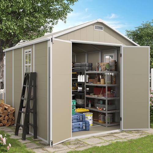 Outdoor Storage Shed, 6x6 FT Resin Shed with Floor and Lockable Door, Window, Vents, Tool Sheds and Outdoor Storage for Bike, Garden Accessories, Tools, Waterproof (Grey & White)