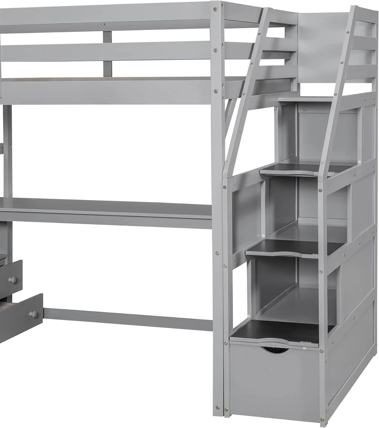 Size Loft Bed With Stairs And Desk, Solid Wood Loft Bed With Bookshelf And Drawers, High Loft Bed Frame With Storage Staircase For Kids Teens, Gray