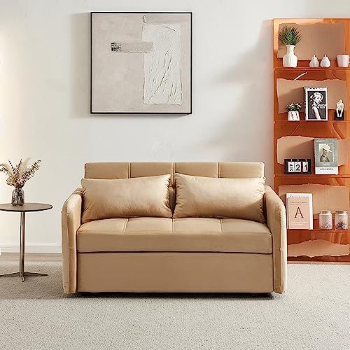 Convertible Sleeper Sofa Chair 3 in 1 Pull-Out Bed, Velvet Loveseat Twins SofaBed for Living Room, Bedroom, Balcony, RV, A-Khaki