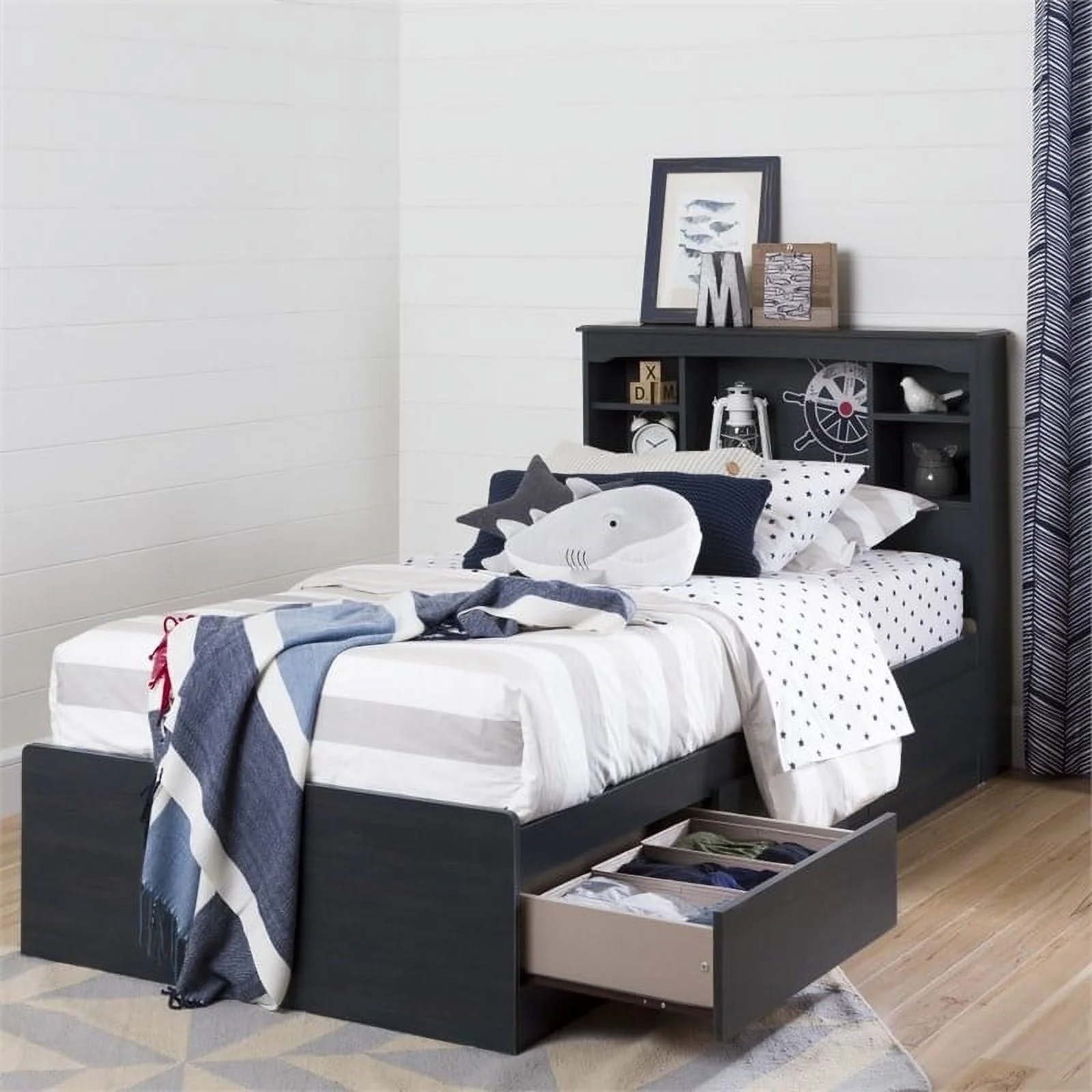Roseberry Kids Transitional Wood Twin Mates Bed with 3 Drawers in Blue