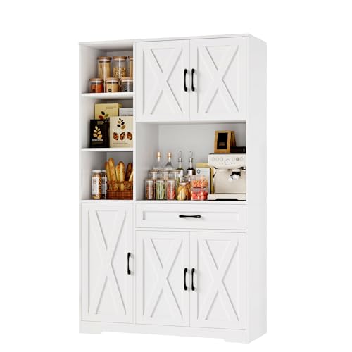HOSTACK 71" Tall Kitchen Pantry Storage Cabinet, Farmhouse Food Pantry Cabinet with Microwave Stand, Barn Doors Kitchen Hutch with Large Drawer and Shelves for Dining Room, Ash Grey