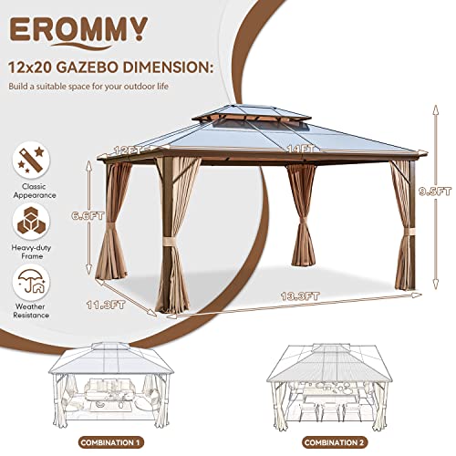 EROMMY 10' x 12' Hardtop Gazebo, Aluminum Frame Gazebos with Galvanized Steel Double Roof, Permanent Outdoor Metal Pavilion with Curtain and Netting for Patio, Lawn, Deck