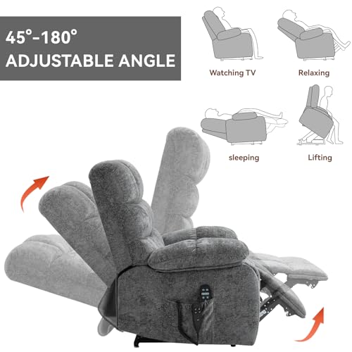 Oversized Lift Recliner Chair - Lay Flat Massage Recliner Chair with Heat & Massage Function, Dual Motor Infinite Position Up to 350 LBS Heavy Duty Electric Power Lift Recliners with Remote (Grey)