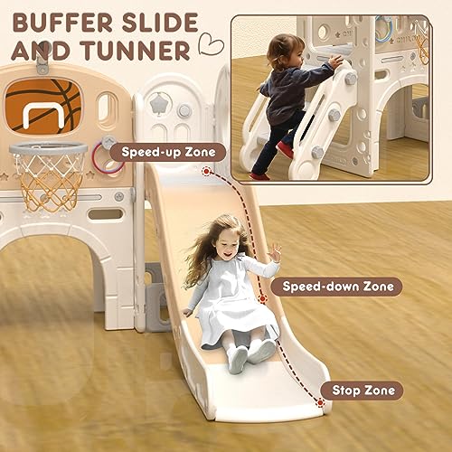 XJD 8 in 1 Toddler Slide Set, Kids Slide for Toddlers Age 1+, Toddler Climber Slide PlaySet with Basketball Hoop and Ball,Outdoor Indoor Playground for Toddlers 1-3 (Blue Gley, 8 in 1)