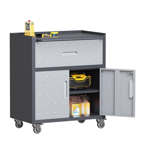 Garage Storage Cabinet Wall Cabinet with 2 Doors,Lockable Tool Cabinets Wall Mounted with Adjustale Shelves,Heavy Duty Steel Hanging Cabinets for Warehouse Kitchen Laundry,Assembly Required