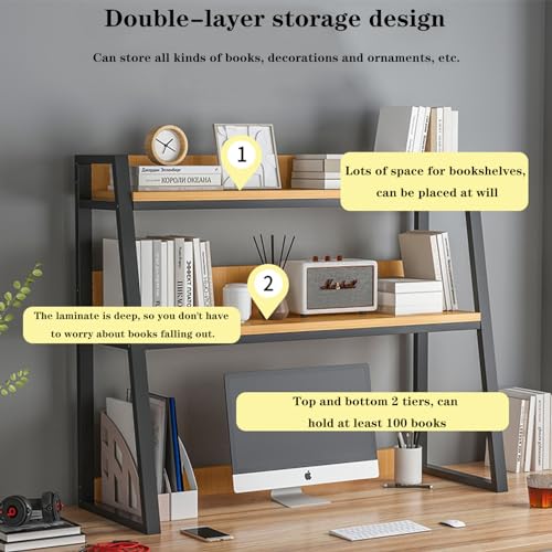 Desktop Bookshelf Desk Organizer Shelf 3-Tier Metal Structured Wood Panels Desk Hutch Bookcase Display Rack Storage for Computer Monitor for Dorm Office Home,30x13x35
