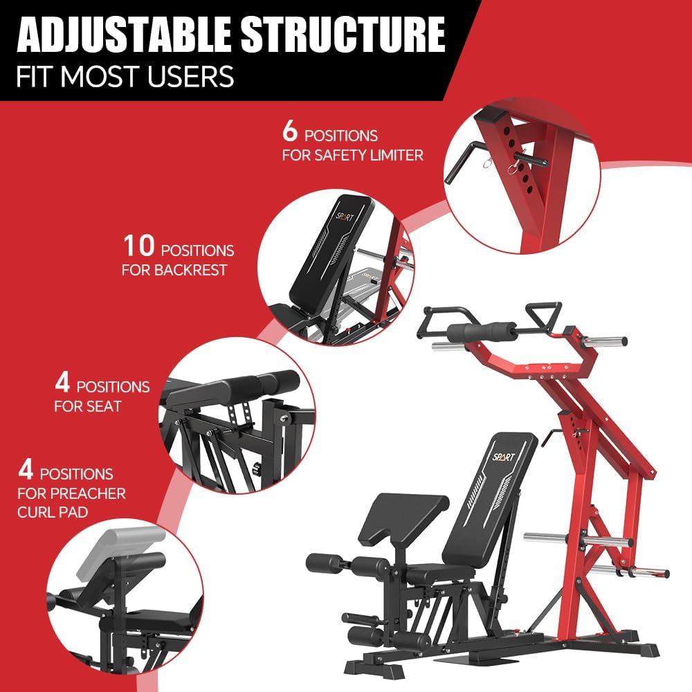 SPART Leverage Machine, Multifunctional Strength Training Station, Plate Loaded Lever Gym with Multi Bench Press for Chest, Shoulder, Back, Core, Leg, Full Body Workout Machine for Home Gym, Red