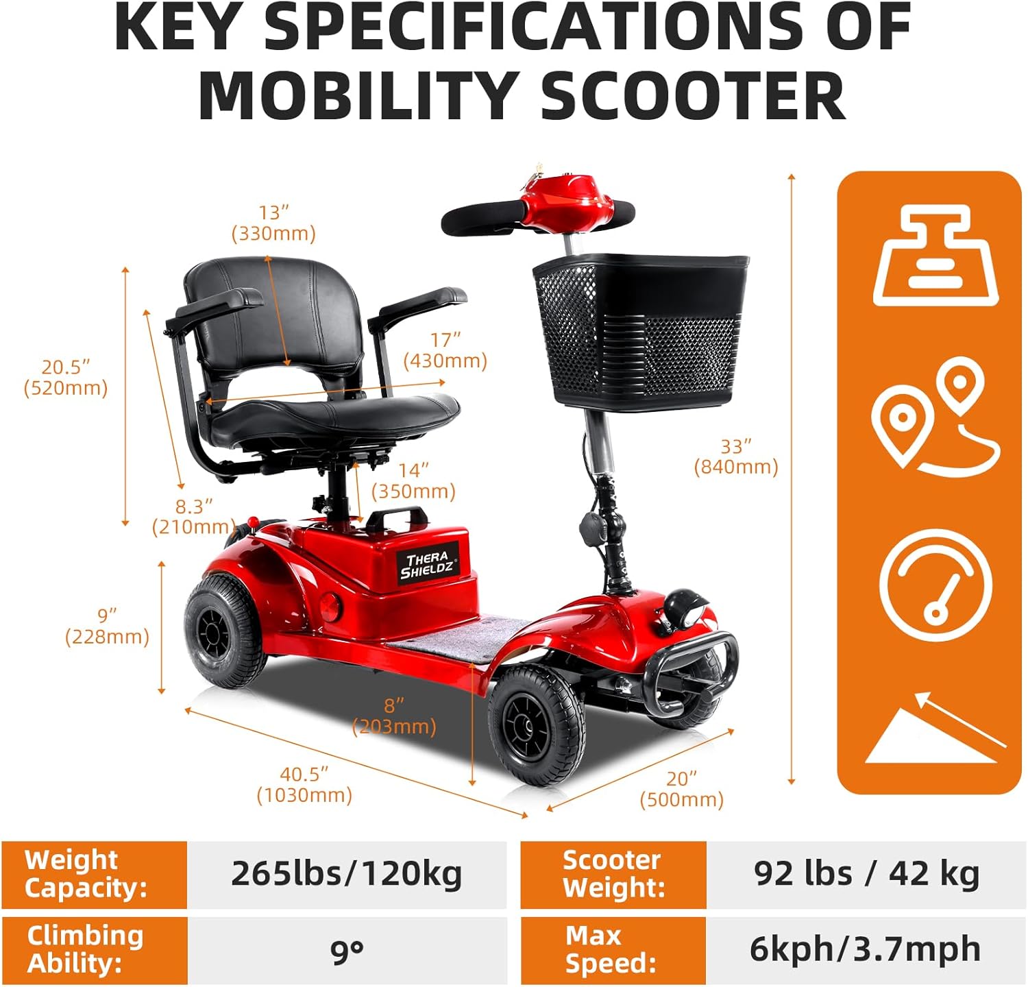 4 Wheel Mobility Scooter | Foldable and Portable Electric Scooter with Basket and Light | Compact Mobility Device Perfect for Adults, Elderly, and Travel, Red