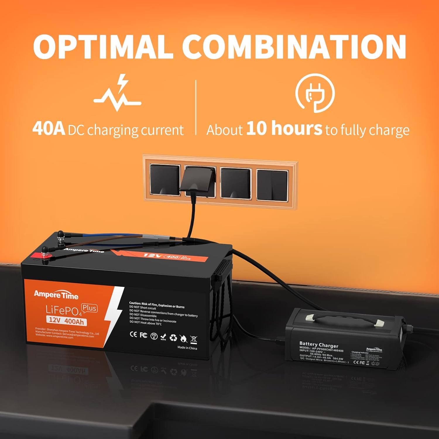 Ampere Time 12V 200Ah LiFePO4 Battery with 14.6V 20A Dedicated Lithium Battery Charger; Built-in 200A BMS, 4000+ Cycles, Perfect for RV, Solar, Marine, Overland, Off-Grid Application��