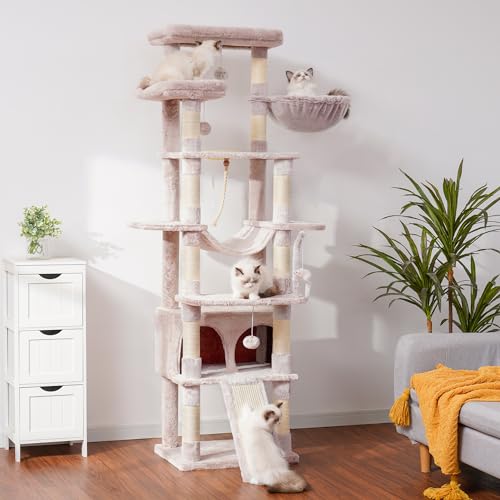 Heybly Gothic Cat Tree,78 inch Multi-Level Tall Cat Tower for Indoor Cats,2 Widened Plush Perches Cat Condo with Scracthing Board and Big Caves,Black and Red HCT033BR