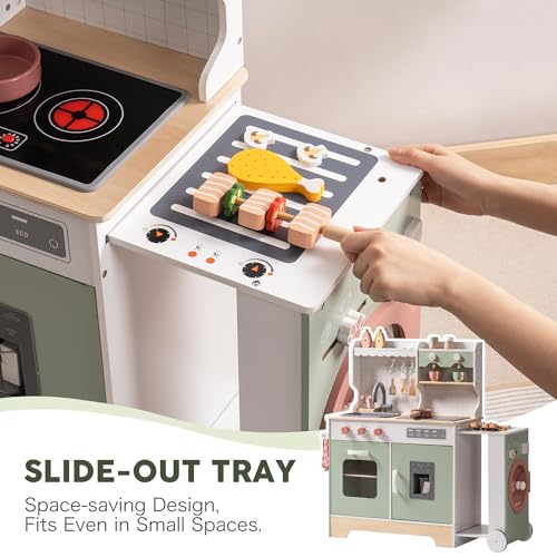 ROBUD Play Kitchen Set, Wooden Play Kitchen with Ice Maker, Fridge, Coffee Machine, Oven, Dishwasher, Microwave, Kitchen Accessories, Toy Kitchen Gift for Boys Girls, 3+