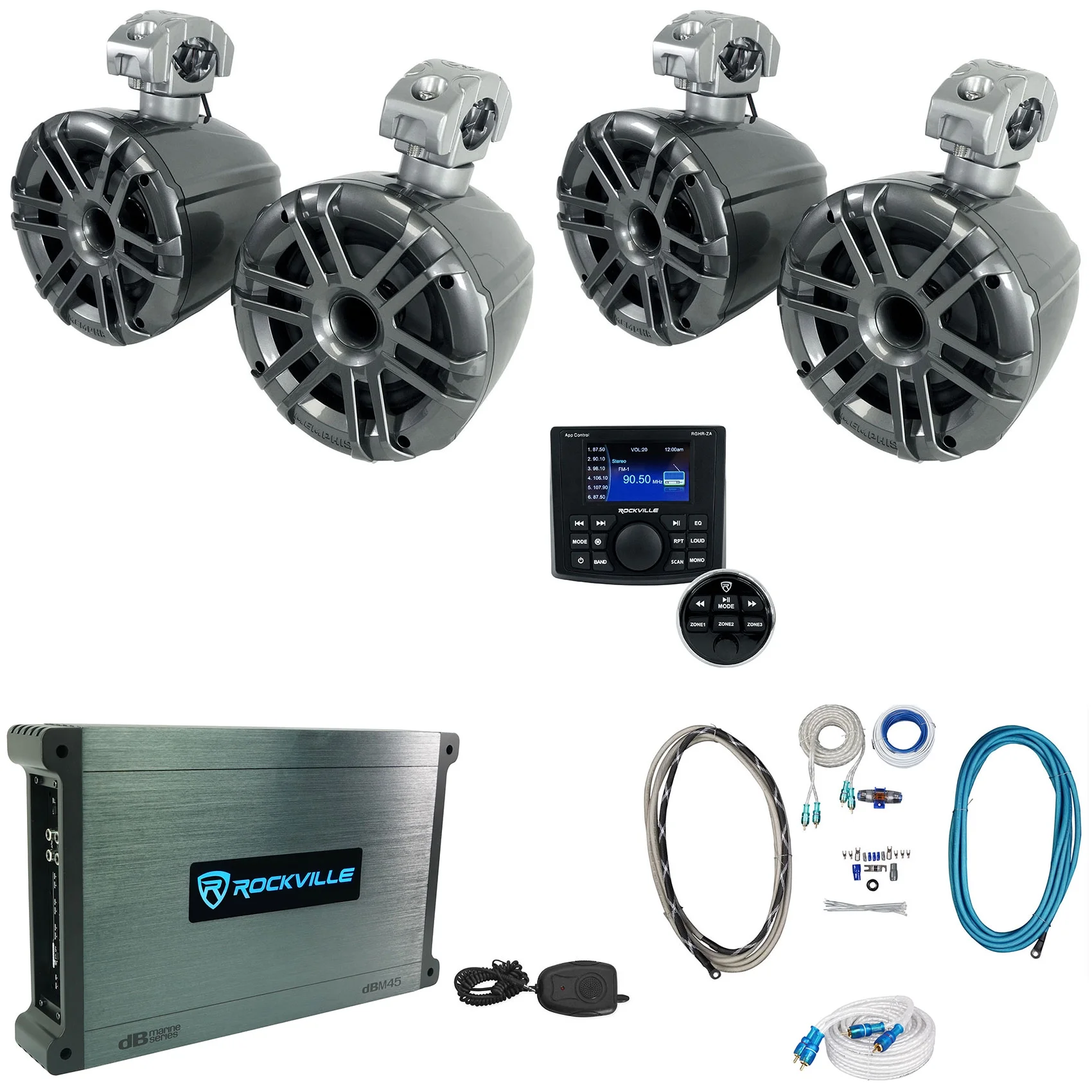 4) Memphis MXA62TG Grey 6.5" Marine Wakeboard Tower Speakers++Receiver+Amplifier