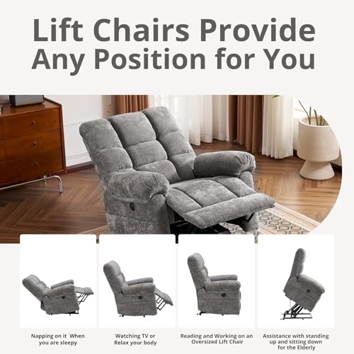 Oversized Power Lift Recliner Chair for Elderly, Extra Wide Lift Chair with Masssage and Heat, Chenille Electric Recliner Chairs for Big and Tall, USB Ports, Coffee