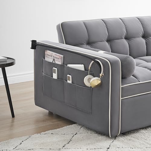 Sleeper Sofa Couch w/Pull Out Bed, 55" Modern Velvet Convertible Sleeper Sofa Bed, Small Love seat Sofa Bed w/Phone Holder & Pillows & Side Pockets for Small Space, Living Room, Apartment,Gray