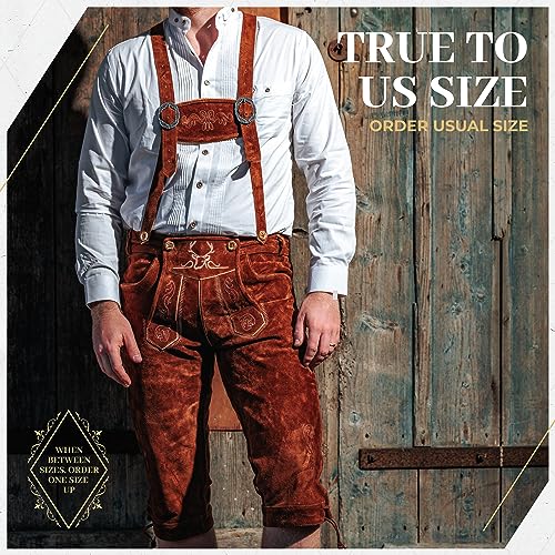 Lederhosen Men - Genuine Leather Authentic German Lederhosen for Men, Oktoberfest Outfit - Light Brown Knee