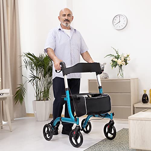 Rollator Walkers for Seniors-Folding Rollator Walker with Seat and Four 8-inch Wheels-Medical Rollator Walker with Comfort Handles and Thick Backrest-Lightweight Aluminium Frame, Champagne
