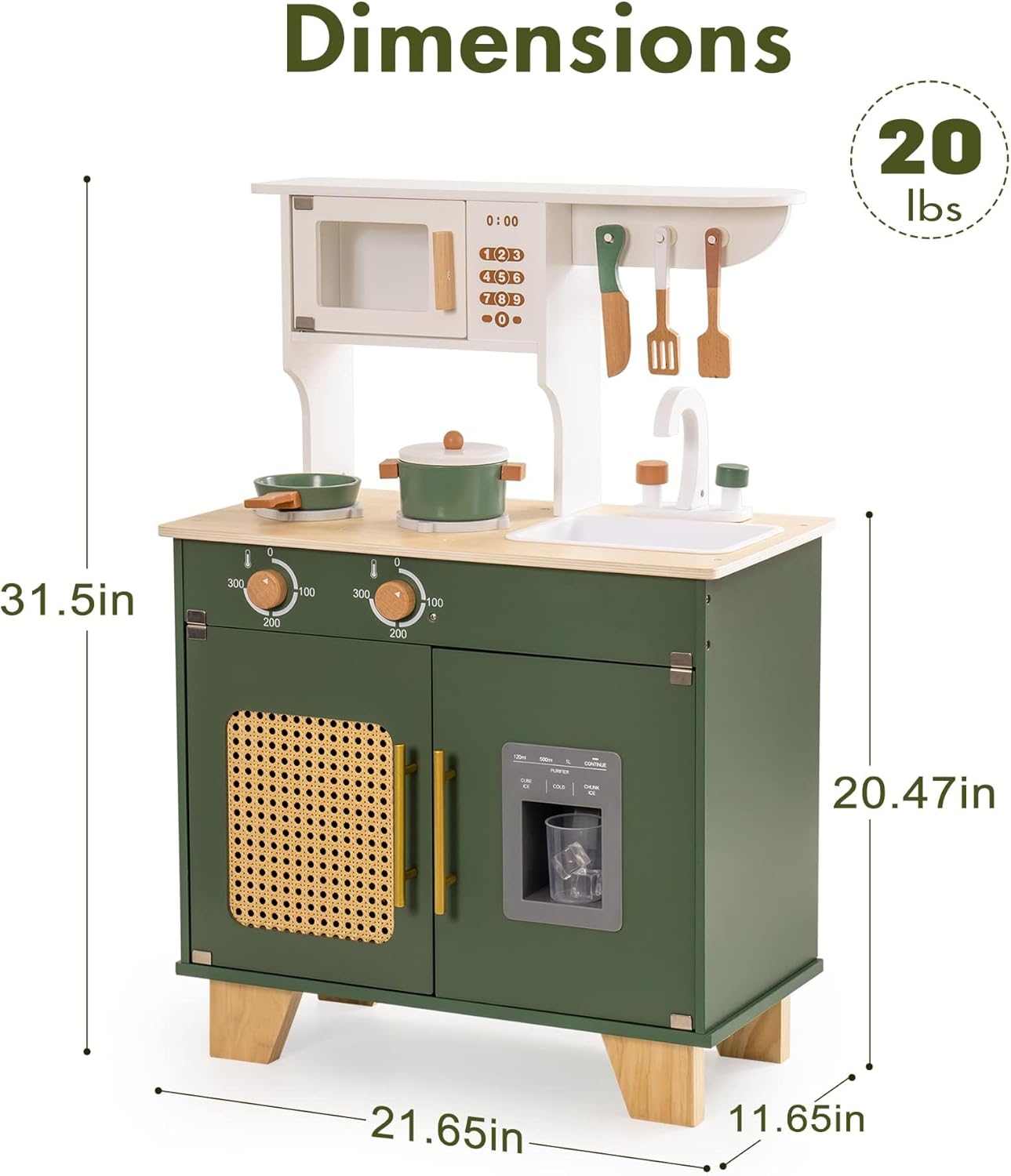 ROBUD Play Kitchen, Kids Kitchen Playset with Pretend Ice Cube Dispenser for Kids Aged 3+, Wooden Toy Kitchen of Birthday Gift to Kids, Vintage Green