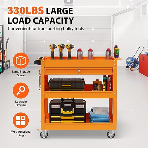 3-Tier Heavy Duty Utility Cart on Wheels, Rolling Tool Cart on Wheels with a Drawer, 350 Lbs Load Capacity Service Cart for Warehous, Garage and Repair Shop (Black)