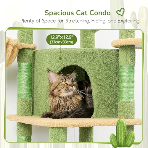 Globlazer Corner Cat Tree for Large Cats, 66inch Tall Curved Series Large Cat Tower for Multiple Indoor Cats with 6 Scratching Posts, 2 Spacious Cat Condos, Hammock, Hanging Basket, C66, Beige