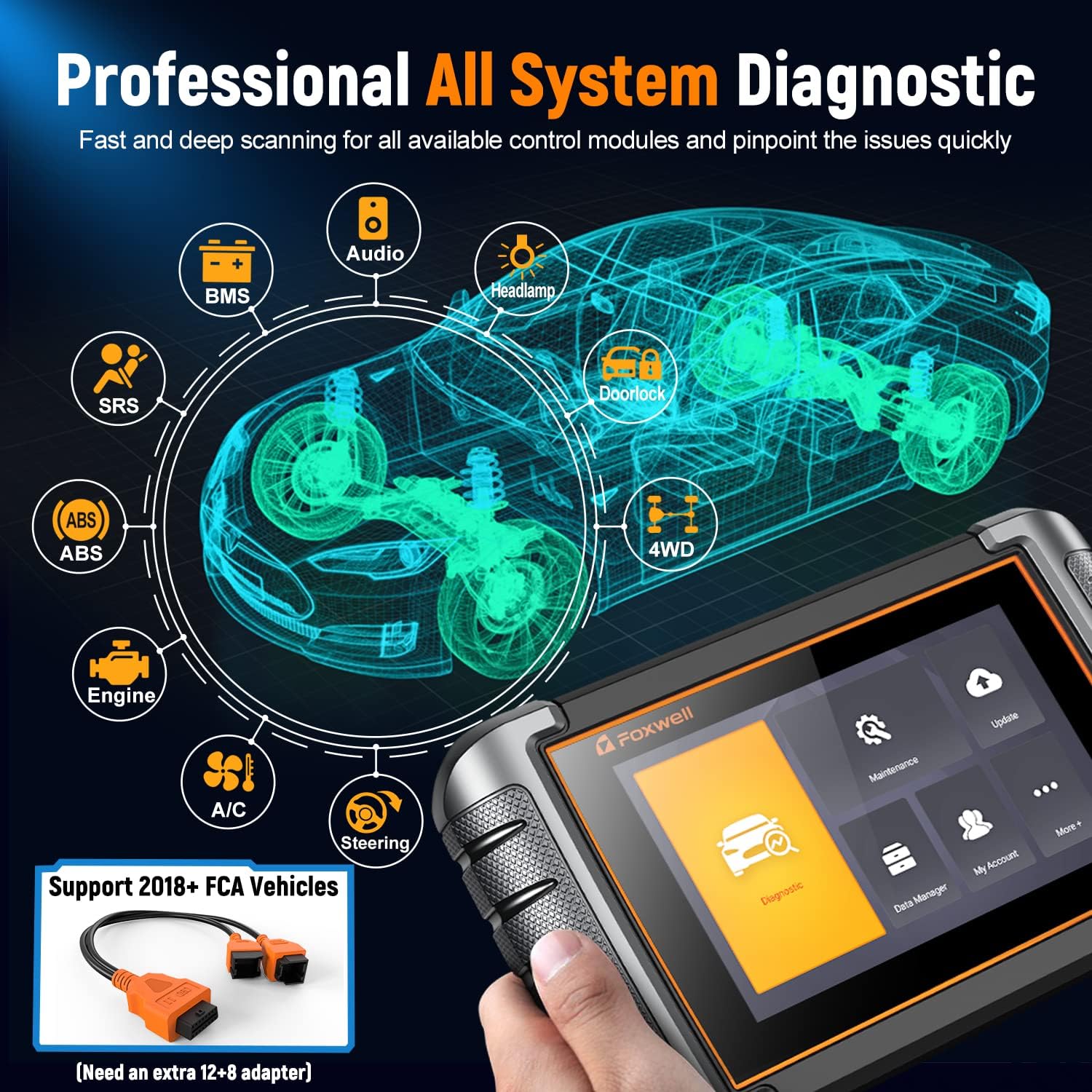 2024 FOXWELL Scanner NT809 Bidirectional Scan Tool, OBD2 Scanner for Car with 30+ Services, Active Test, ABS/Oil/Injector Coding, 3 Year Update, All System Car Diagnostic Scanner, FCA Autoauth