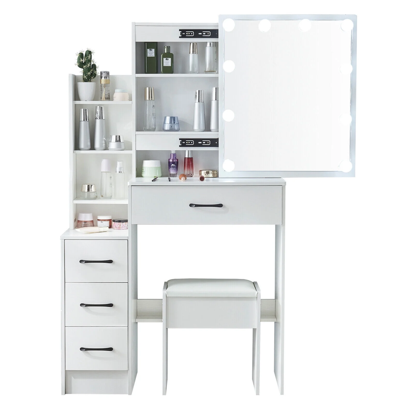 4 Drawers Makeup Vanity Desk with Power Outlet & Stool Mirror and 10 Bulbs Light
