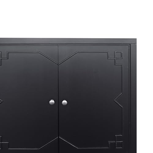 Sideboard Buffet Cabinet with Adjustable Shelves, 4 Shutter Doors, and Silver-Plated Handles, Classic Black Finish, Kitchen Storage Cabinet for Dining Room, Living Room
