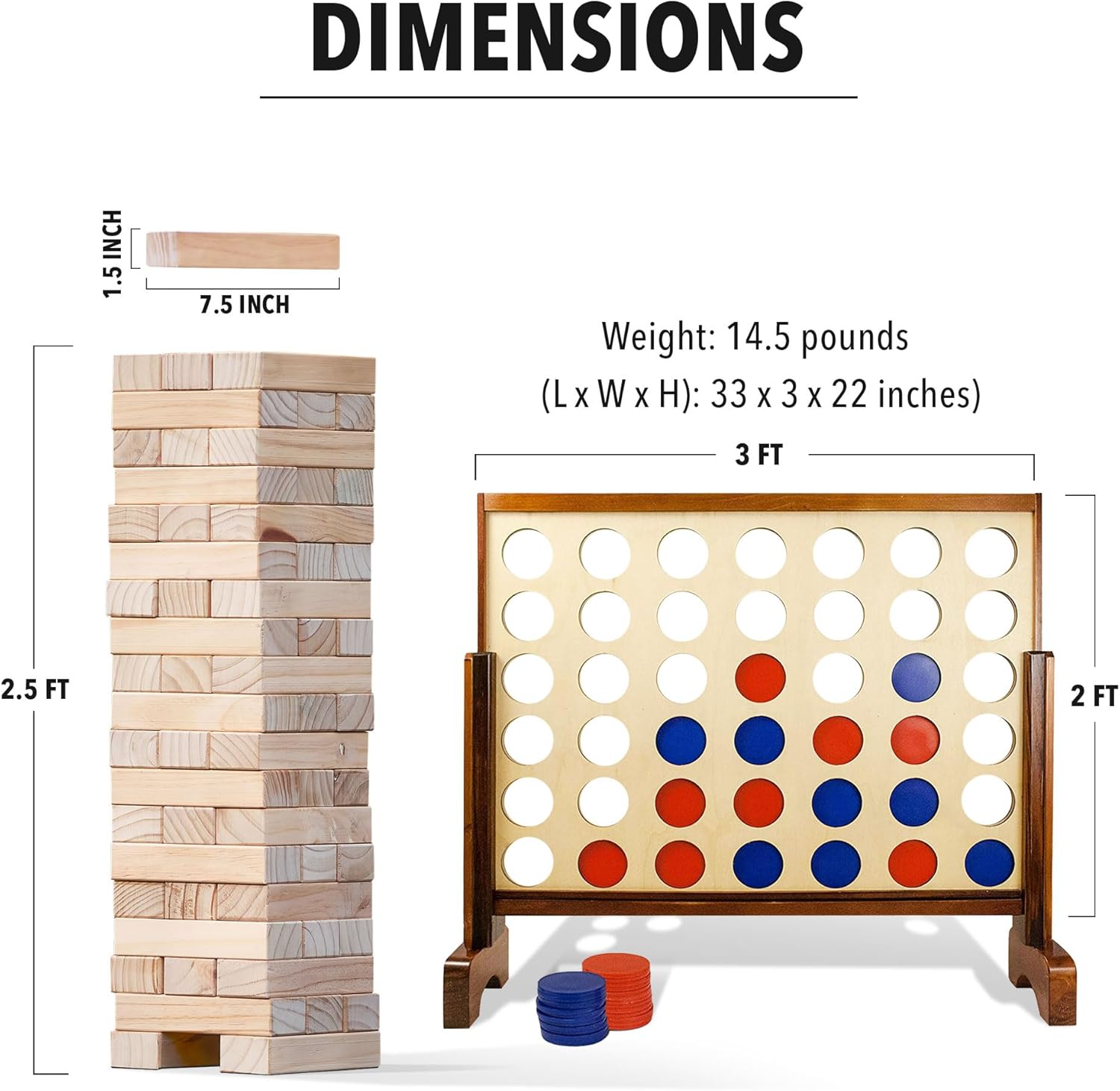 Yard Games Giant Tumbling Timbers Natural Pine Blocks Wood Stacking Game Bundle with Outdoor 4 in a Row Lawn Game with Storage Carrying Case, Brown