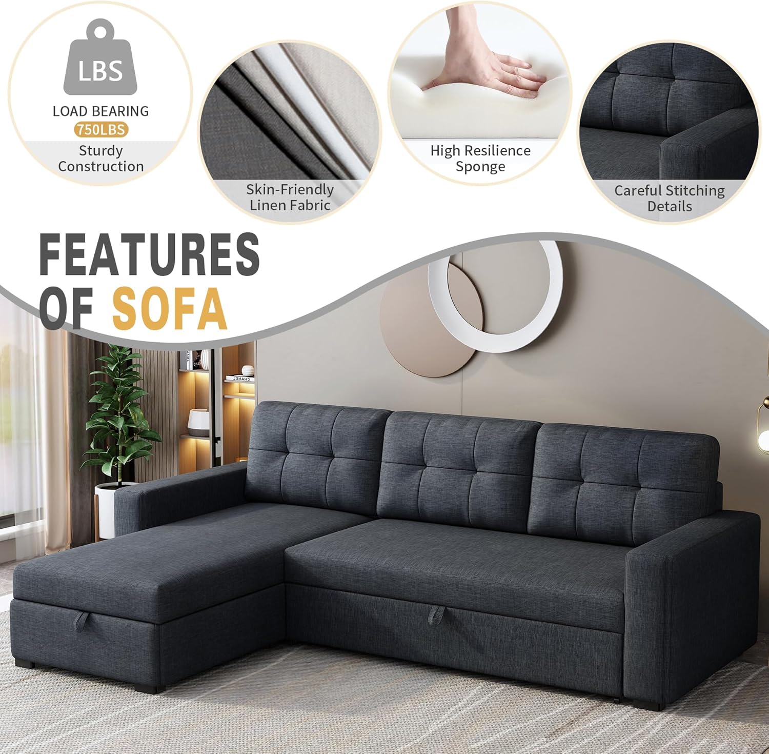 Sleeper Sofa Couch with Pull Out Bed,L Shaped Sleeper Sofa with Storage,Sectional Sleeper Couch,Convertible Sleeper Sectional Sofa W/Chaise and 3 Back Cushions,for Living Room,Office,Dark Grey