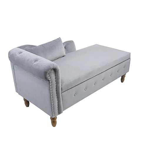 58" Modern Velvet Chaise Lounge Indoor,Upholstered Lounge Chair with Storage & Pillow, Rolled Arm Lounge Sofa for Living Room Bedroom Office (Gray)