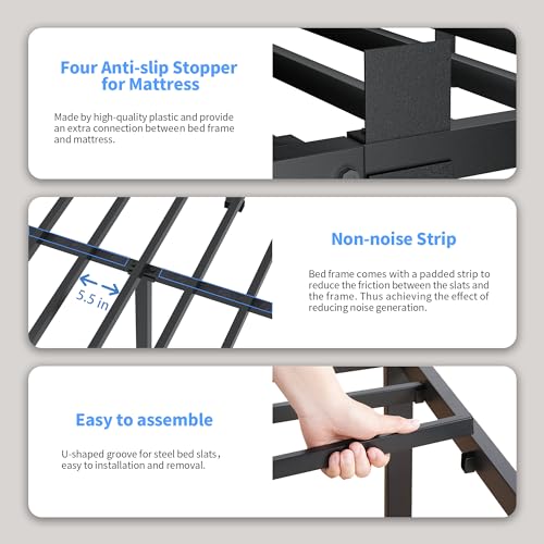 ROIL 12 inch California King Size Bed Frame Metal Platform No Box Spring Needed with Headboard Hole Round Corner Legs Mattress Retainers 3500LBS Heavy Duty Steel Slats Noise-Free Storage