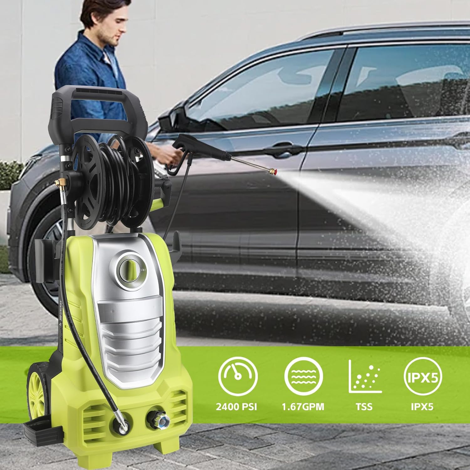Electric Pressure Washer 2400PSI 1.67GPM Power Washer with 20FT Hose,Portable Pressure Cleaner Machine With 5 Different Pressure Tips, Foam Cannon and Spray Gun for Car, Patio, Fence, Garden