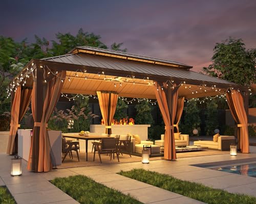 MELLCOM 12'x16' Hardtop Gazebo, Galvanized Steel Metal Double Roof Canopy with Curtains and Netting, Brown Permanent Pavilion Gazebos with Aluminum Frame for Garden, Patio, Lawns, Deck