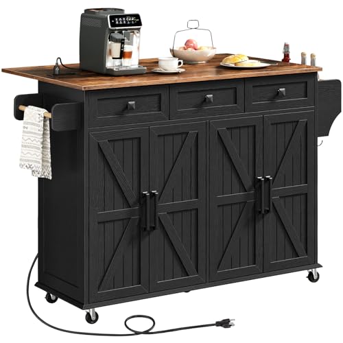 Kitchen Island with Drop Leaf, Kitchen Cart with Charging Station, Kitchen Table with Storage, Rolling Island Table with 3 Drawers, Towel Rack and Spice Rack, White and Walnut