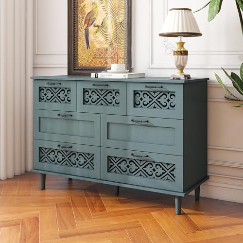 Farmhouse Sideboard Cabinet Accent Sideboard Buffet Cabinet With 3 Door 3 Drawer Wooden Cabinet Storage Cupboard Console Table Coffee Bar For Living Room Hallway Bedroom (Blue/47.24"*15.75"*35.43")