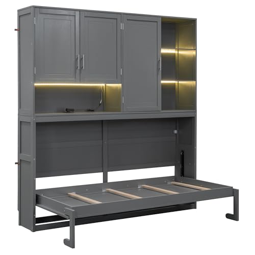 SOFTSEA Twin Murphy Bed with Storage Bookcase and Shelves, Horizontal Wall Bed with LED Light & Charging Stations, Space-Saving for Living Room, Guest Room, Bedroom, Office, Grey
