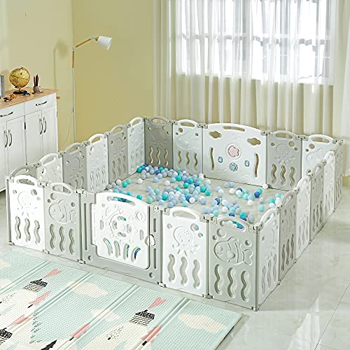 Albott Baby Playpen, Upgraded 18 Panels Foldable Baby Fence with Game Panel and Safety Gate, Adjustable Shape, Portable Baby Play Yards for Children Toddlers Indoors (18 Panel, White+Grey)