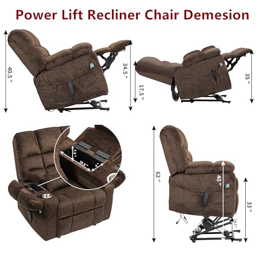 Light Grey Recliner Chair for Elderly | Tall and Big Man 400lbs | Chenille | Power Lift, Lay Flat, Stand Up, Wireless Charging Device, Extended Footrest, Massage Heat, Cup Holder, Lumbar Pillow