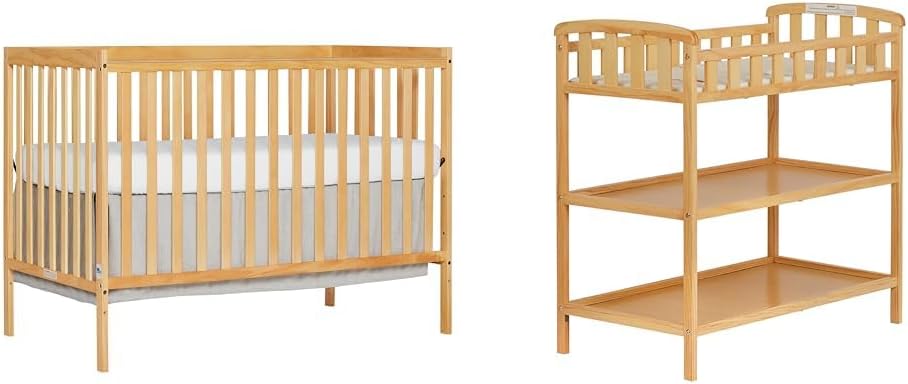 Synergy 5-in-1 Convertible Crib & Emily Changing Table with 1" Pad, 2 Shelves in Natural