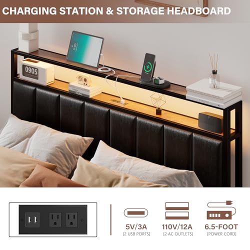 Full Bed Frame with 2 Storage Drawers, 2-Tier Storage PU Headboard with Charging Station& LED Lights, Metal Platform Bed/No Box Spring Needed/Noise Free/Black